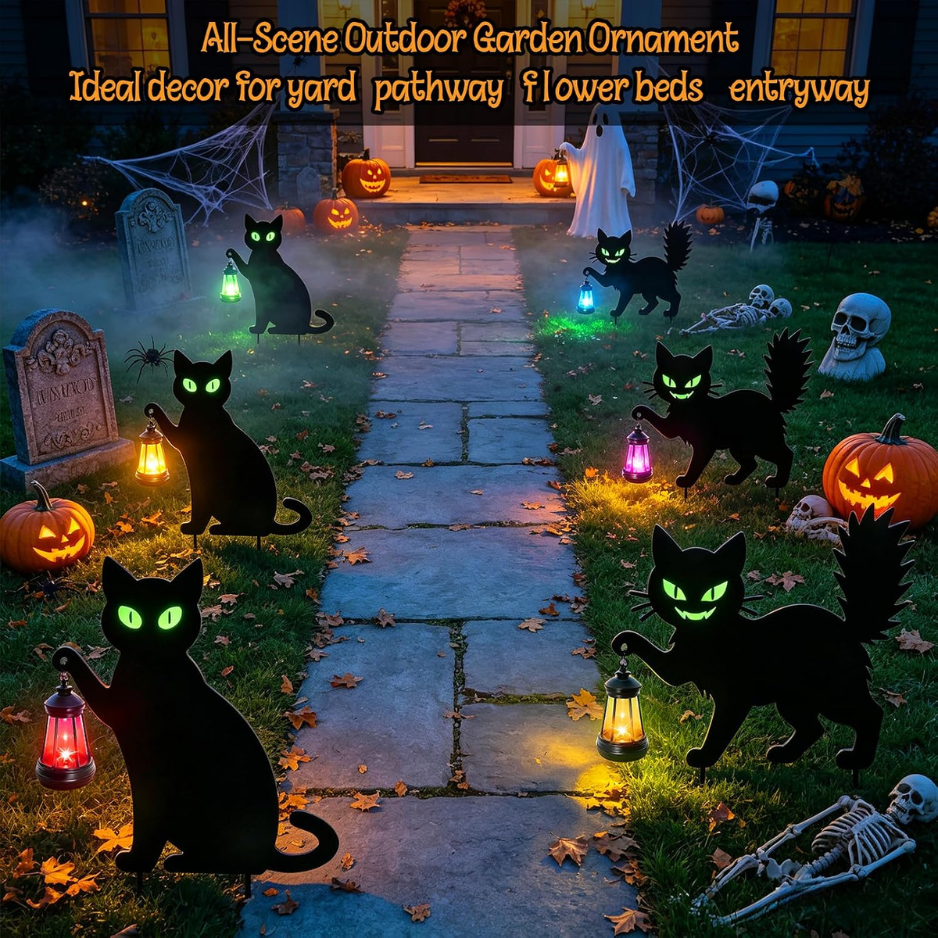 Halloween Black Cat Yard Signs With Hanging LED Lanterns, 2 Piece Metal Garden Stake Set, Glow in the Dark Eyes