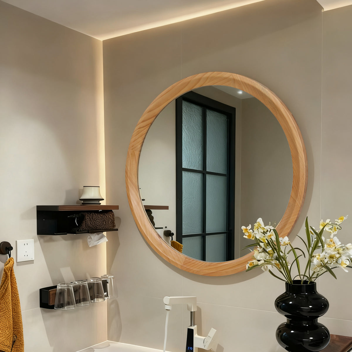 Round Wood Wall Mirror, 23.62 Inch Natural Light Oak Frame Decorative Mirror for Bathroom Vanity, Entryway and Living Room