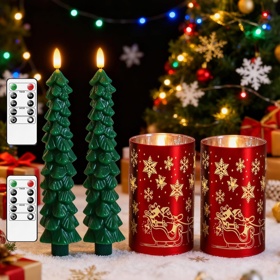 Christmas Flameless Candles With Remote, Set of 4 Green Tree Tapers and Red Glass Snowflake Pillars, Battery Operated LED Holiday Decor