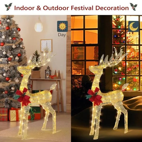 Lighted Christmas Reindeer Outdoor Decoration, 4 Ft Pre-Lit Gold Glitter Deer With 90 Warm White LED Lights, Stakes and Zip Ties
