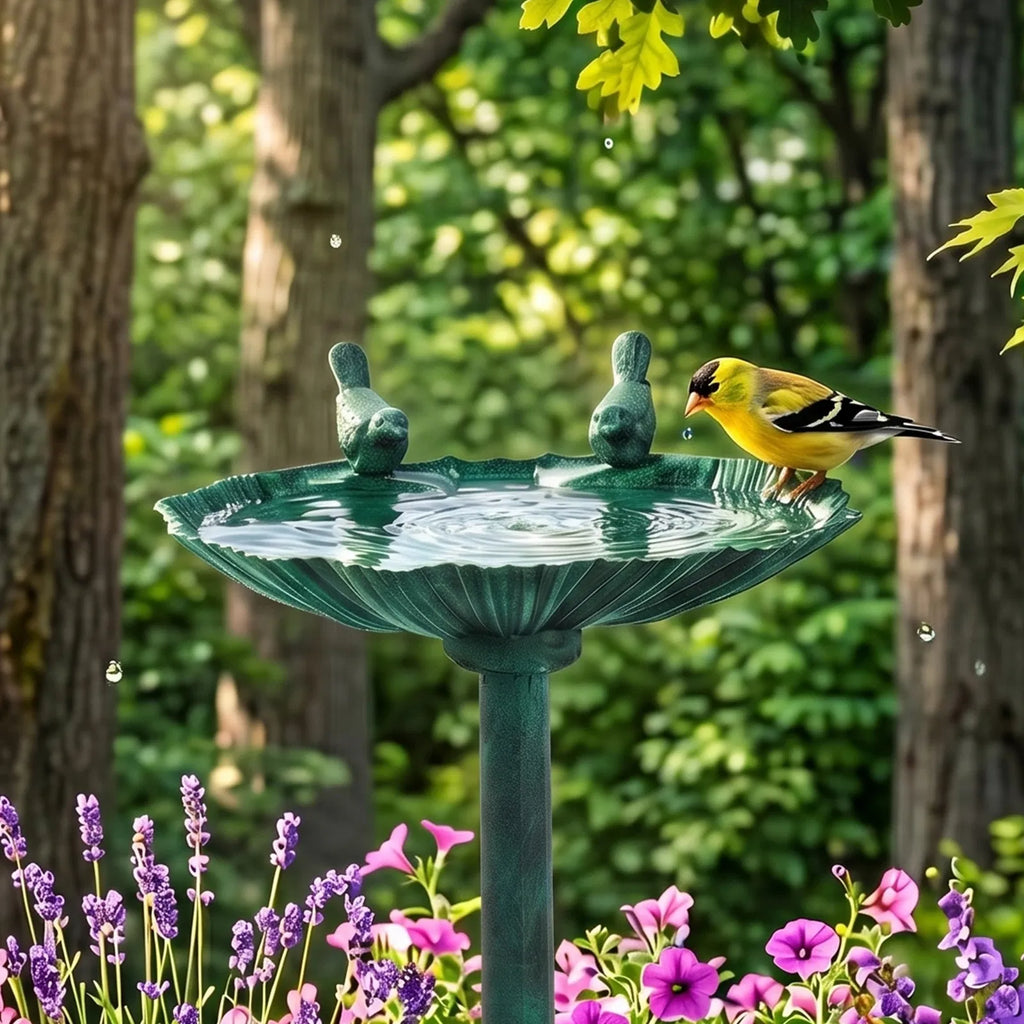 Resin Bird Bath With Solar Fountain, Dark Green Shell-Edge Basin on Pedestal, 1.4W Solar Pump, Outdoor Garden Decor