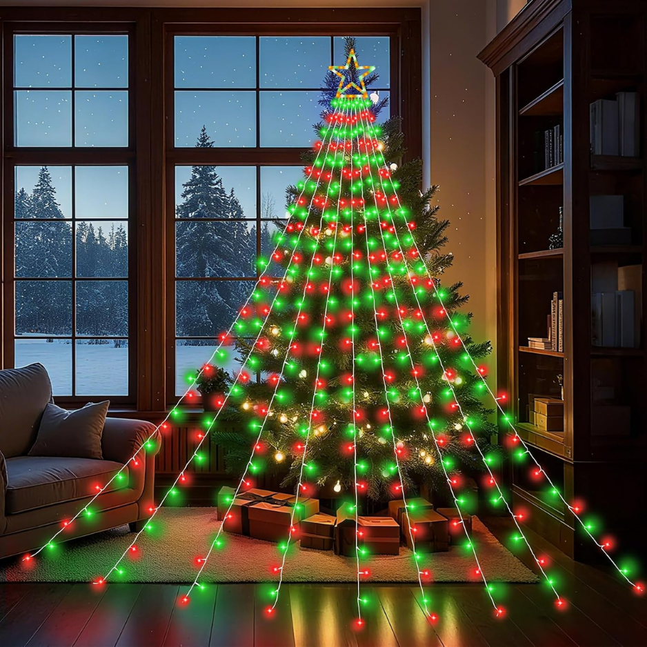 Christmas Tree Waterfall Lights, 317 LED Red and Green String Lights With Star Topper, 9 Strands, 11.5 ft, IP44 Outdoor