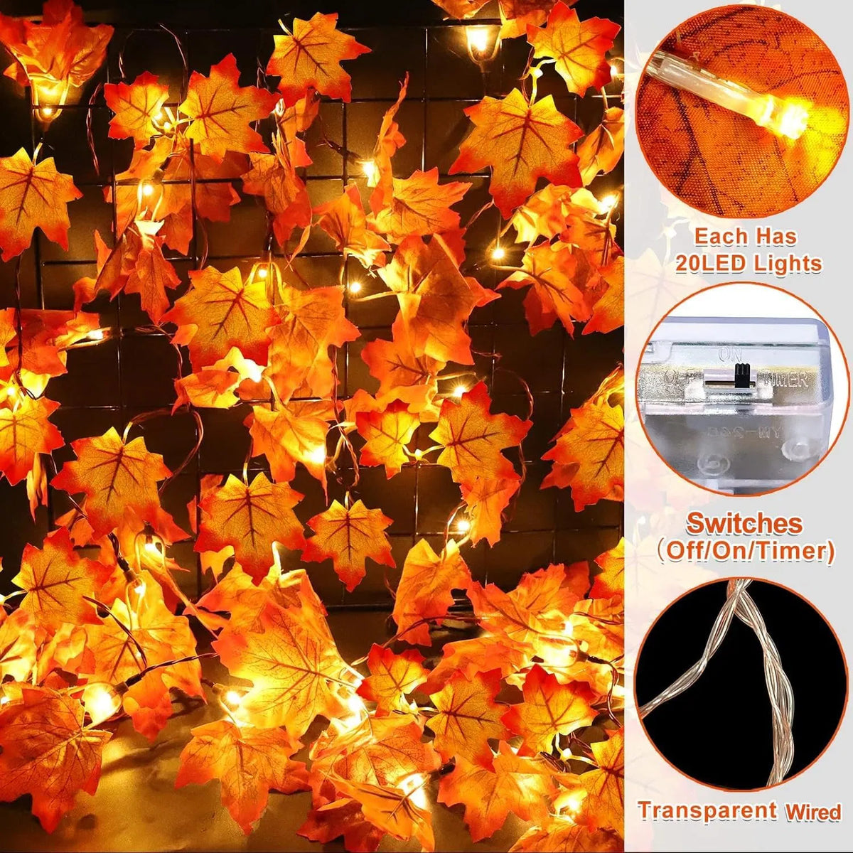 Fall Maple Leaf Garland String Lights, 3 Pack, 30 Ft, 60 Warm White LEDs, Battery Operated With Timer, Indoor and Outdoor Autumn Decor