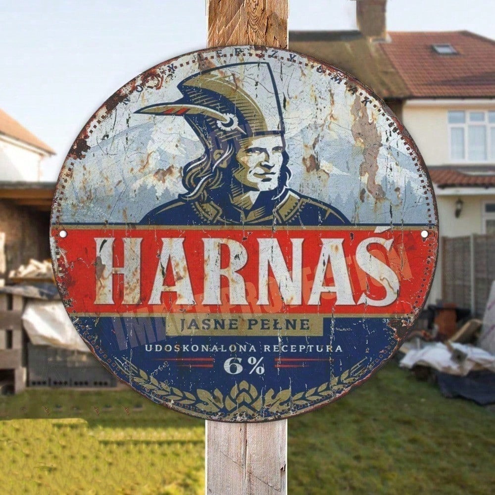 Round Metal Wall Sign, Vintage Distressed Beer Label Art Plaque for Bar, Kitchen, and Man Cave Decor