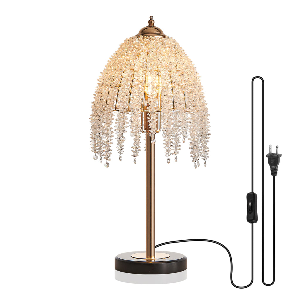Crystal Table Lamp 19" Gold Waterfall Beaded Shade Nightstand Lamp With Marble Textured Base