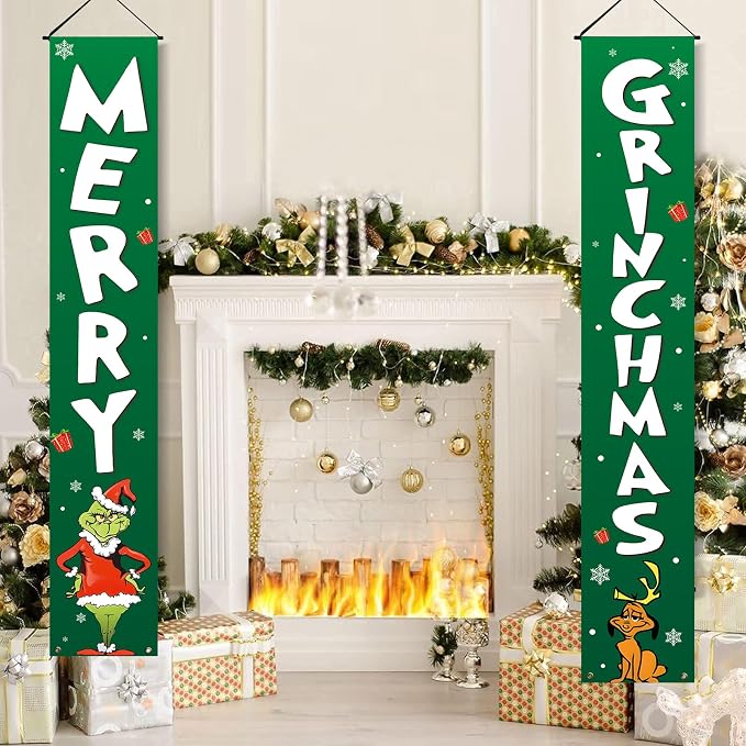 Christmas Porch Banner Set, 2 Green and White Outdoor Door Signs, 71 x 13 Inch Holiday Yard Decorations