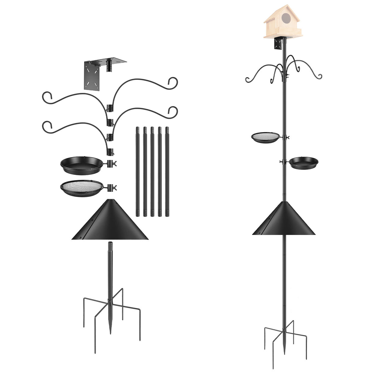 Bird Feeder Pole 94 Inch Squirrel Proof Bird Feeding Station, Black Iron Pole With 4 Shepherd Hooks, Water Bowl, Mesh Tray and 5-Prong Base