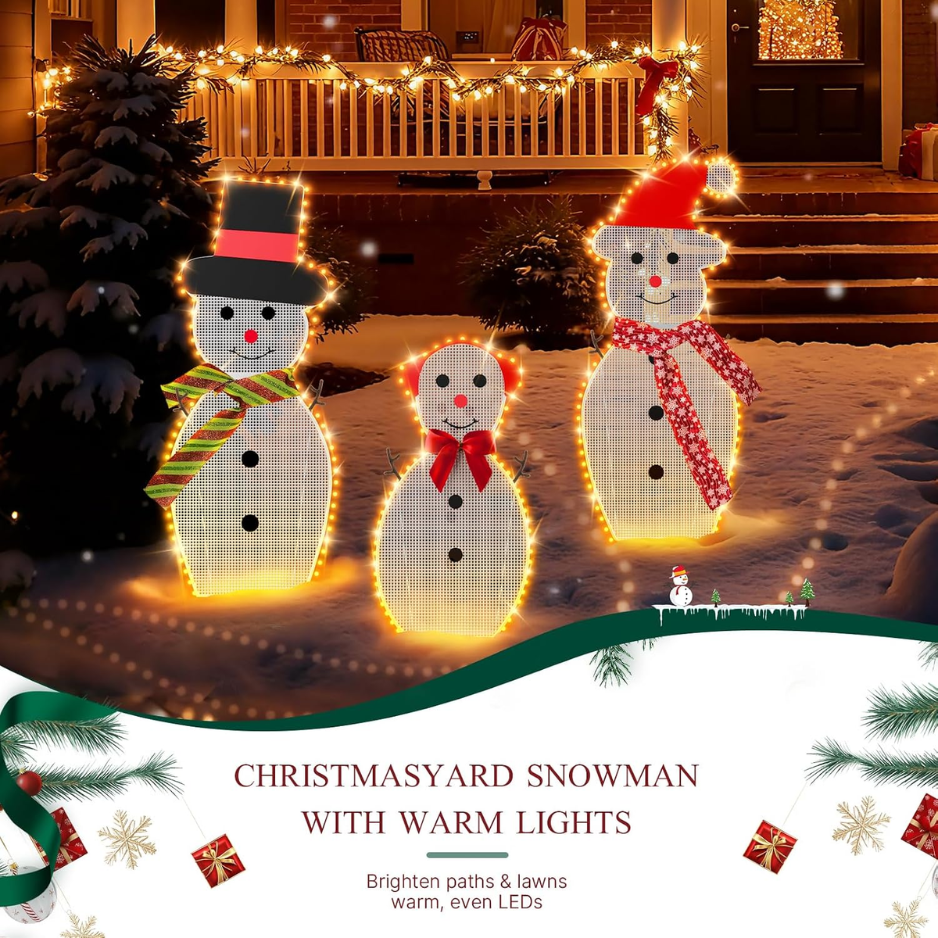 Lighted Snowman Family Christmas Yard Decorations, Set of 3 With 180 LED Lights, Metal Frame Outdoor Holiday Lawn and Porch Decor