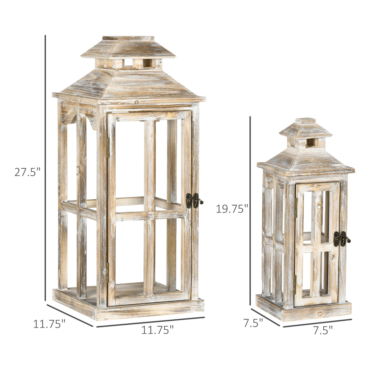 Rustic Wooden Candle Lanterns, Set of 2, Whitewashed Fir Wood Decorative Floor Lanterns for Indoor and Covered Outdoor Use, Natural