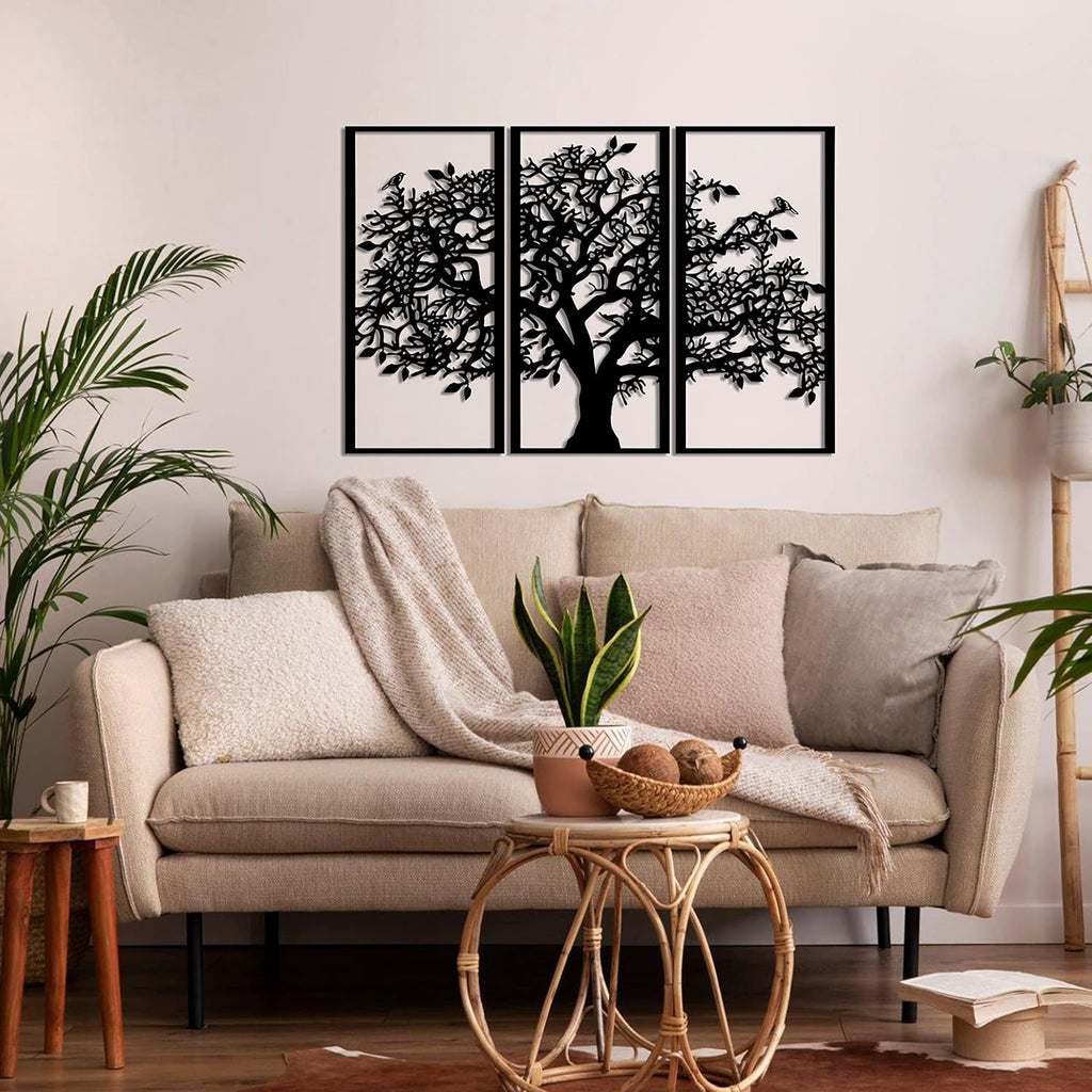3-Piece Tree of Life Metal Wall Art, Black Wrought Iron Triptych Wall Hanging Decor