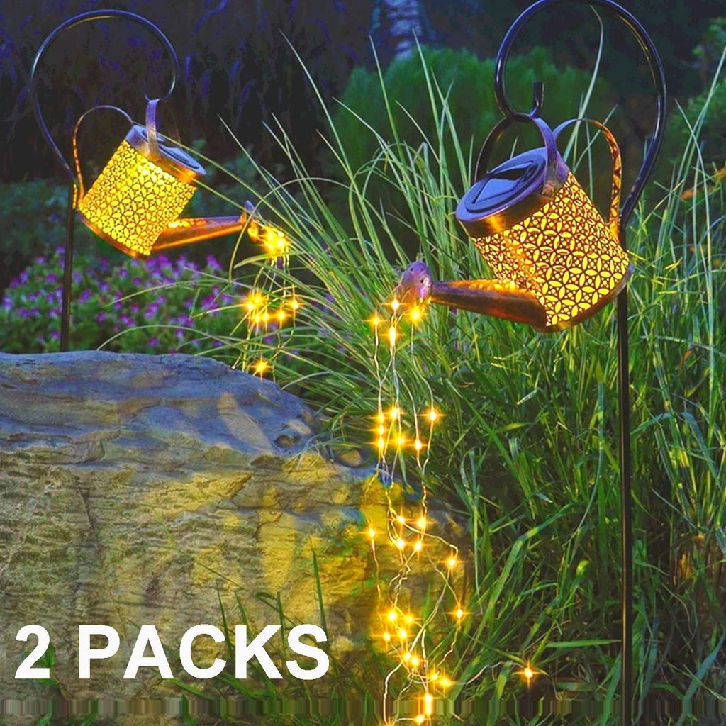 Solar Watering Can String Lights, 2 Pack Hanging Garden Lanterns With Shepherd Stakes, Warm White LED Outdoor Decor