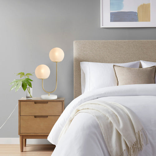 2-Light Globe Table Lamp, Gold Metal With Frosted Glass Globes and White Base, 20 in. Modern Bedside Lamp