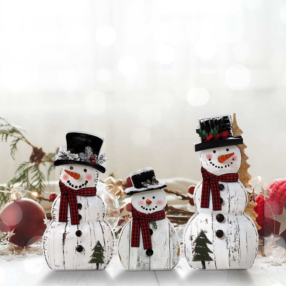 Wooden Snowman Christmas Decorations, Set of 3 Rustic Tabletop Figurines With Plaid Scarves for Mantel and Shelf