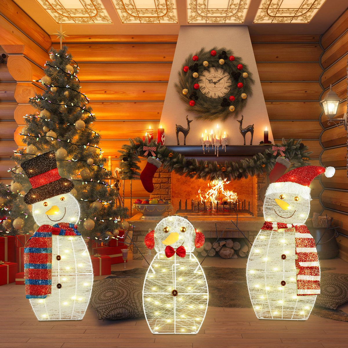 Lighted Snowman Family Yard Decoration, 3 Piece 2D Christmas Snowmen With 60 Warm White LED Lights, Indoor Outdoor Display
