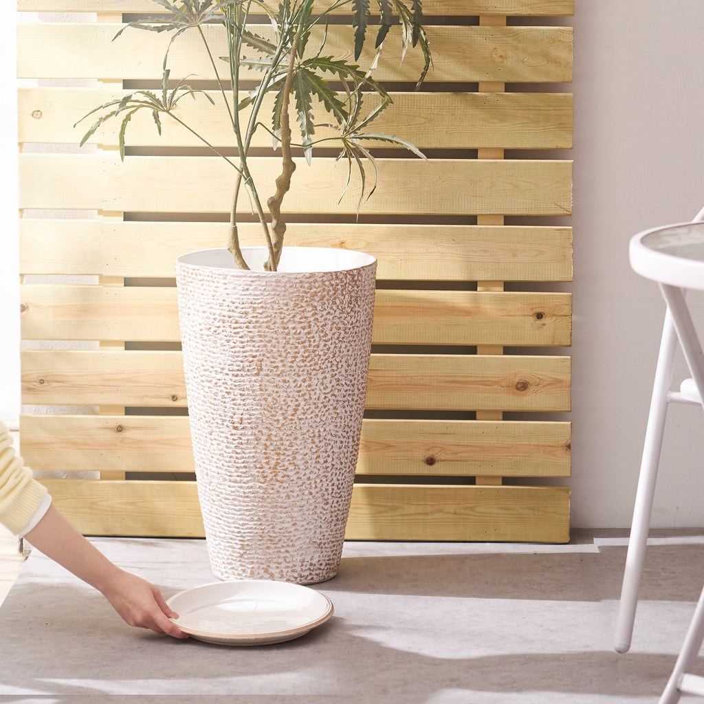 Set of 2 Tall Outdoor Planters, 21" Round Beige Stone Finish Plant Pots With Drainage and Water Trays for Porch and Patio
