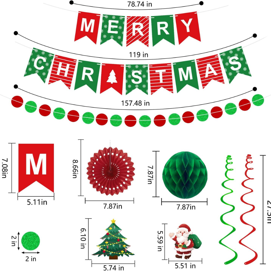Christmas Party Decoration Set, 25 Pieces, Merry Christmas Banner With Paper Fans, Honeycomb Balls, Swirls and Dot Garland in Red, Green and White