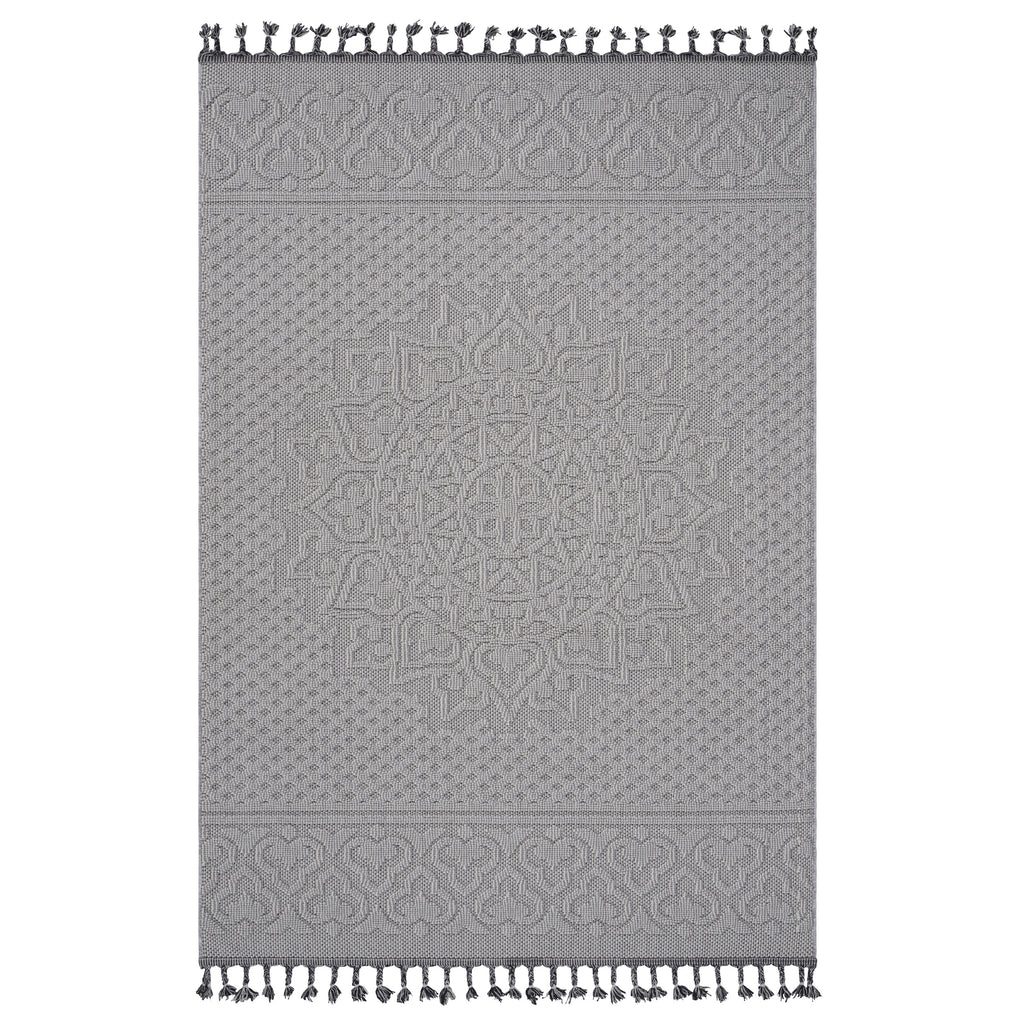 Medallion Indoor Outdoor Area Rug, 5x7 White Ivory Tasseled Polypropylene Rug for Living Room