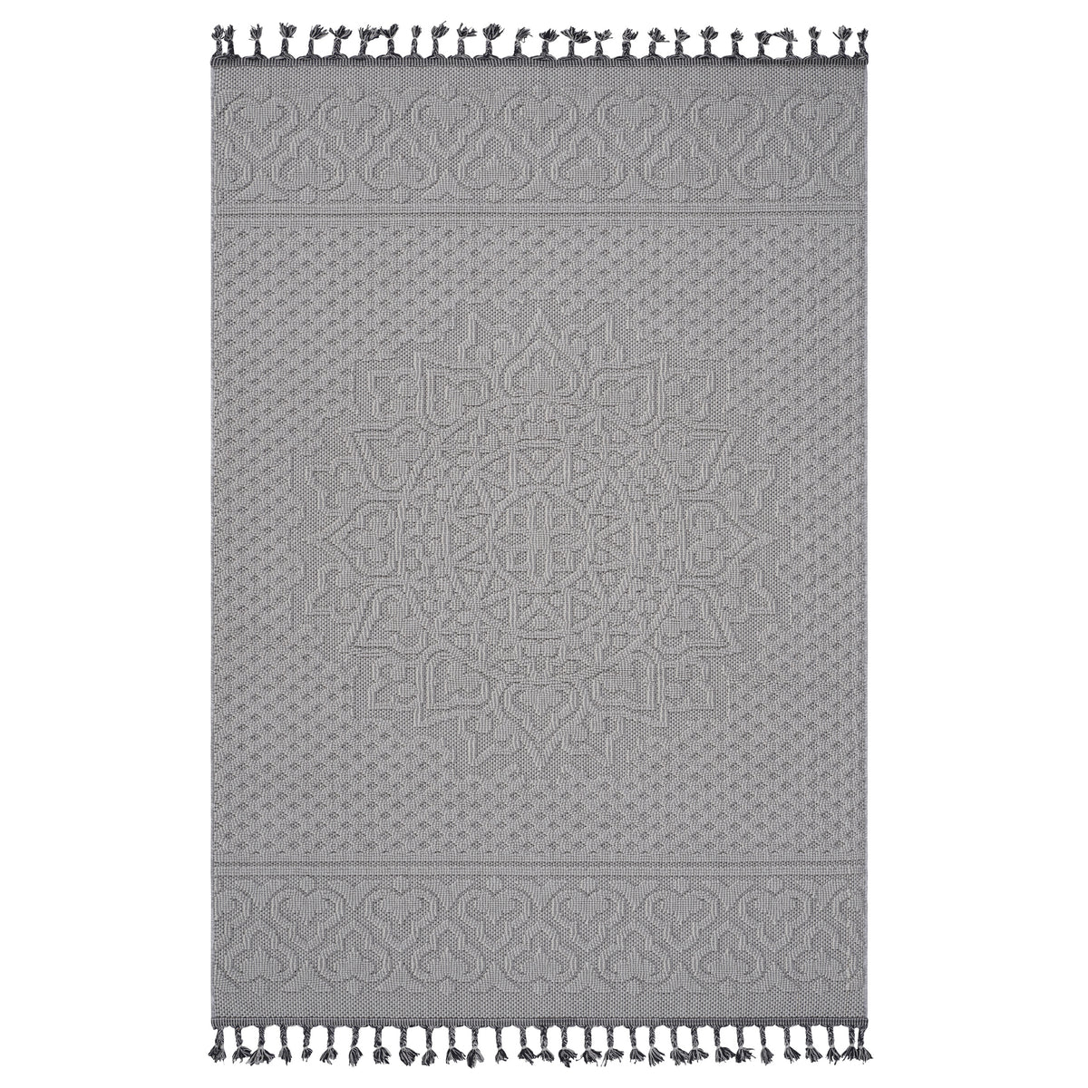 Medallion Indoor Outdoor Area Rug, 5x7 White Ivory Tasseled Polypropylene Rug for Living Room