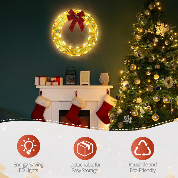 24 in Pre-Lit Christmas Wreath, Iridescent Metal Frame With Red Bow and 84 Warm White LED Lights, Indoor Outdoor Door Decor