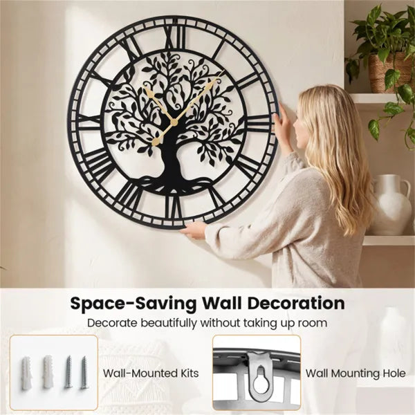 Tree of Life Wall Clock, 27" Black Metal Round Silent Non-Ticking Roman Numeral Clock
