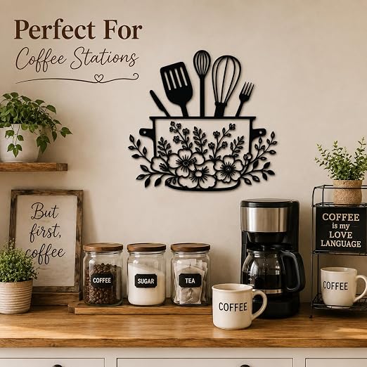Farmhouse Metal Kitchen Wall Decor, Black Floral Utensil Wall Art, 11.3" x 11.4" Rustic Hanging Sign for Dining Room and Coffee Bar