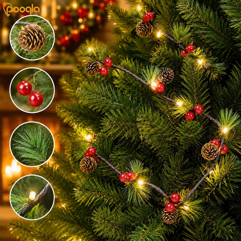 Pine Cone Christmas String Lights, 20 Warm White LED Battery Operated Garland With Red Berries, 6.6 Ft