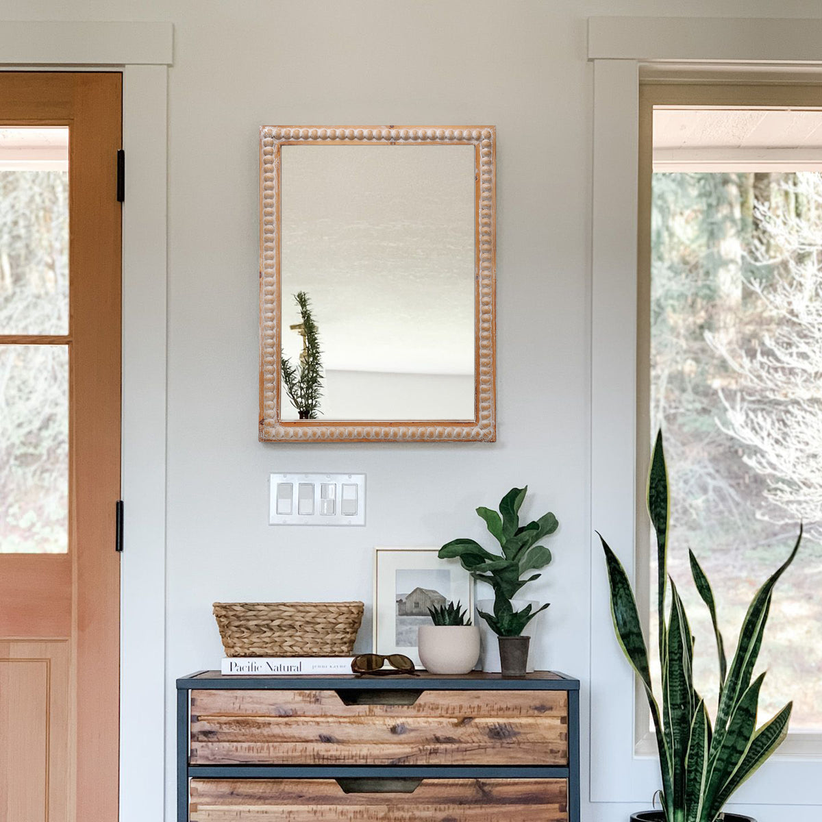 Beaded Wood Frame Wall Mirror, 22 x 30 Inch Rectangle Farmhouse Vanity Mirror in Antique Natural