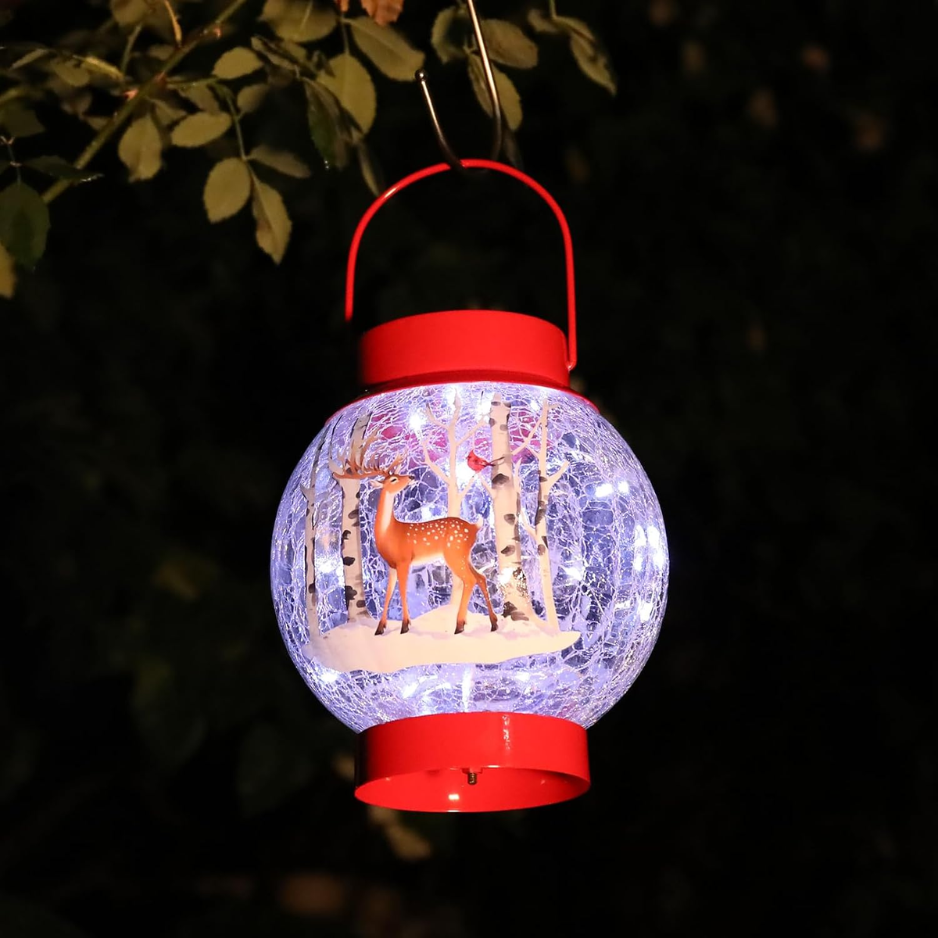 Christmas Solar Lantern With Deer and Birch Tree Scene, Red Metal and Crackle Glass Hanging Outdoor Light