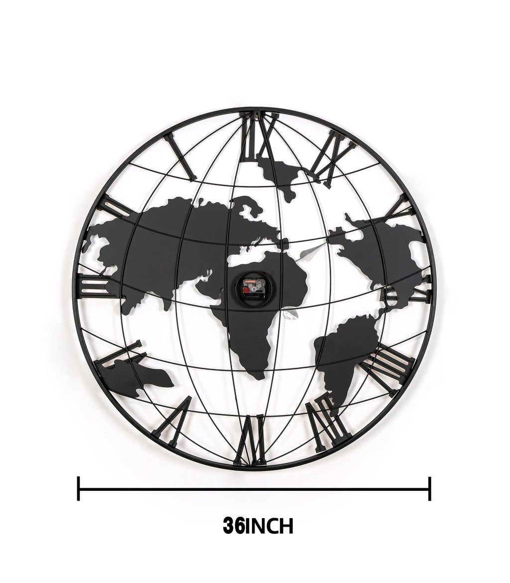 36 Inch Large Metal Wall Clock, Black World Map Design With Gold Hands, Oversized Roman Numeral Decor for Living Room