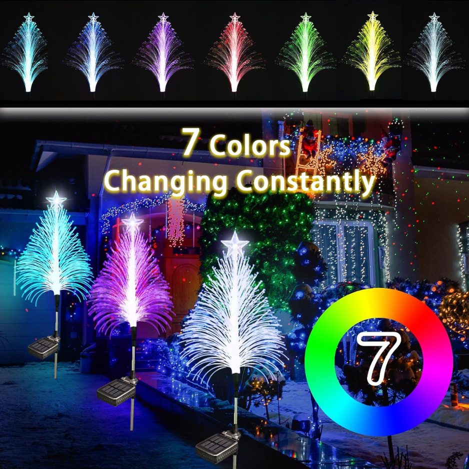 Solar Christmas Tree Stake Lights, 3 Pack Color Changing Fiber Optic Outdoor Garden Path Lights