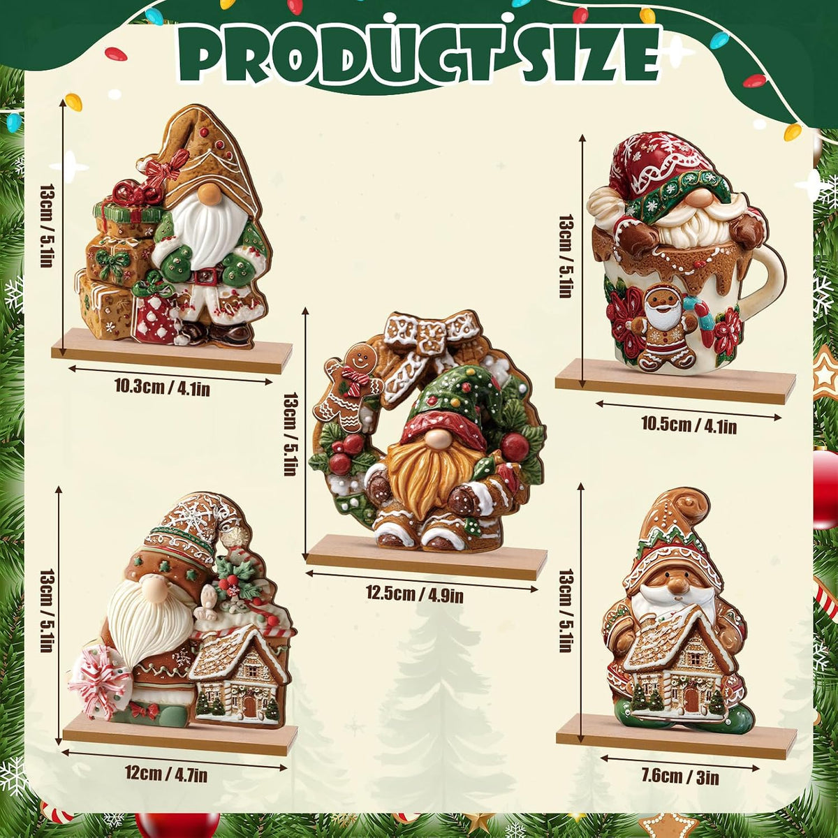 Gingerbread Christmas Table Decorations, 5 Pack Wooden Gnome Centerpieces With Bases for Home and Tray Decor