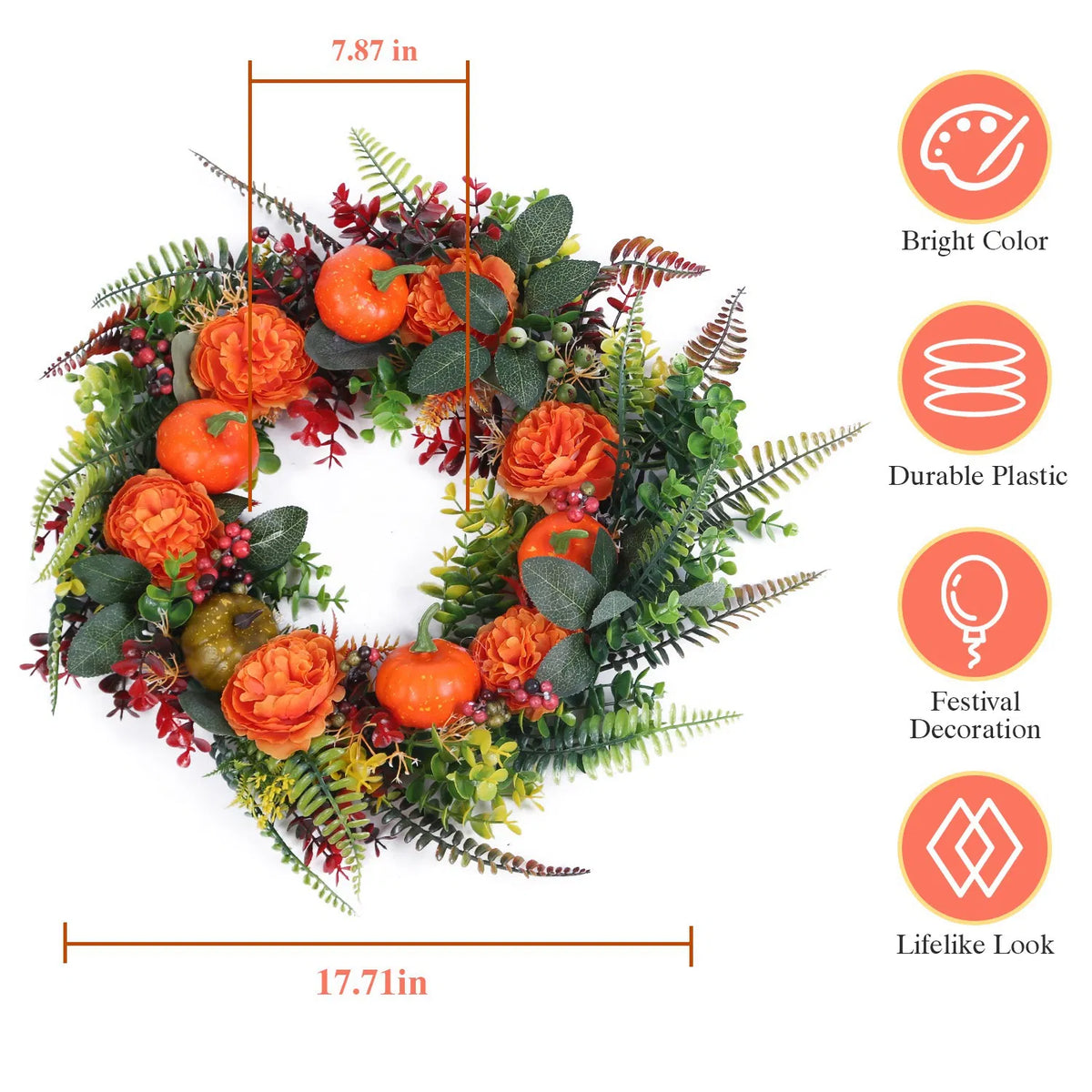 Fall Front Door Wreath With Mini Pumpkins, Red Berries and Mixed Leaves, 17.71 Inch Orange and Green Autumn Wreath