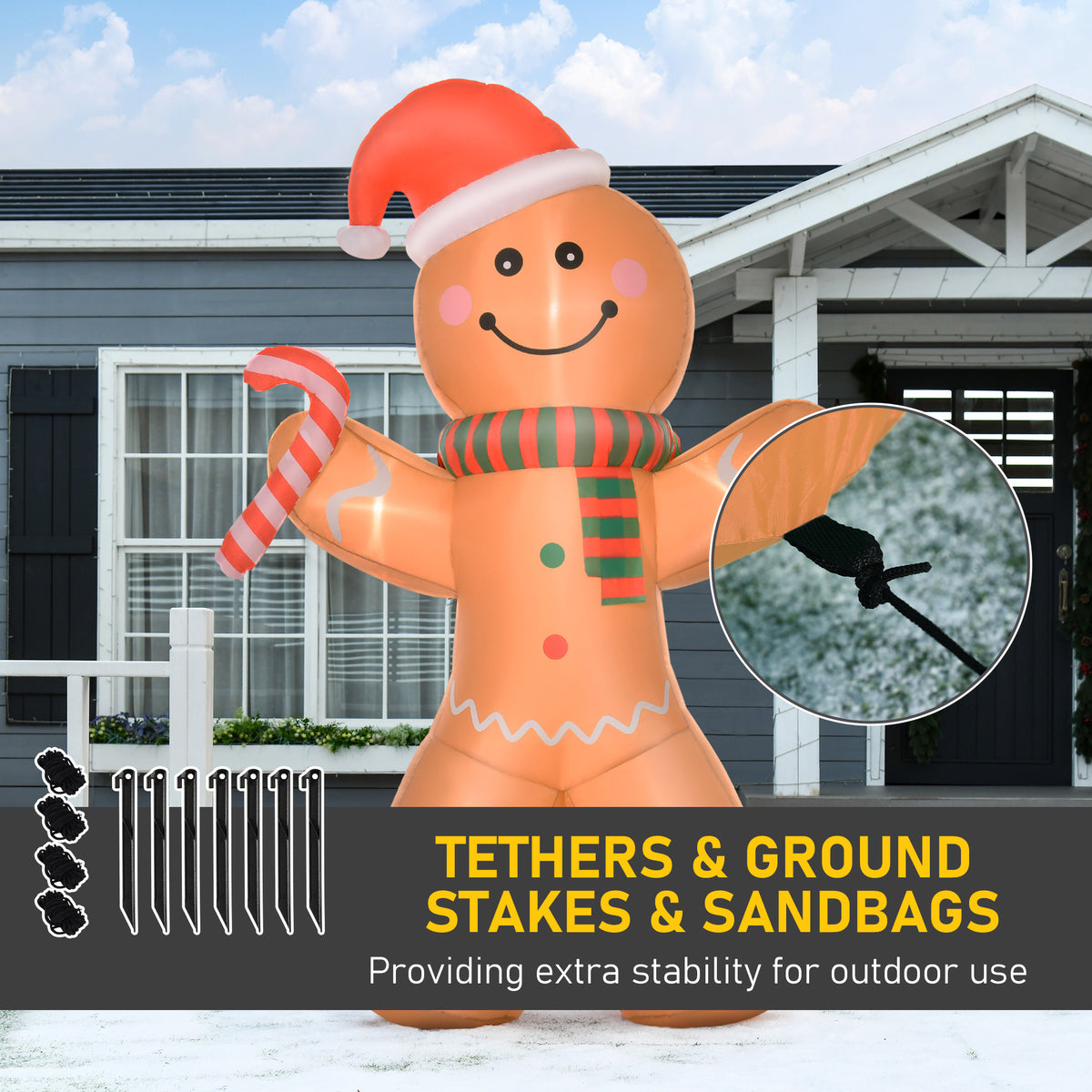 8 Ft Christmas Inflatable Gingerbread Man With Candy Cane, LED Lighted Outdoor Yard Decoration