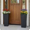 Tall Resin Planters, Set of 2 Black Rattan Look Tapered Flower Pots With Drainage Holes and Removable Inner Pot