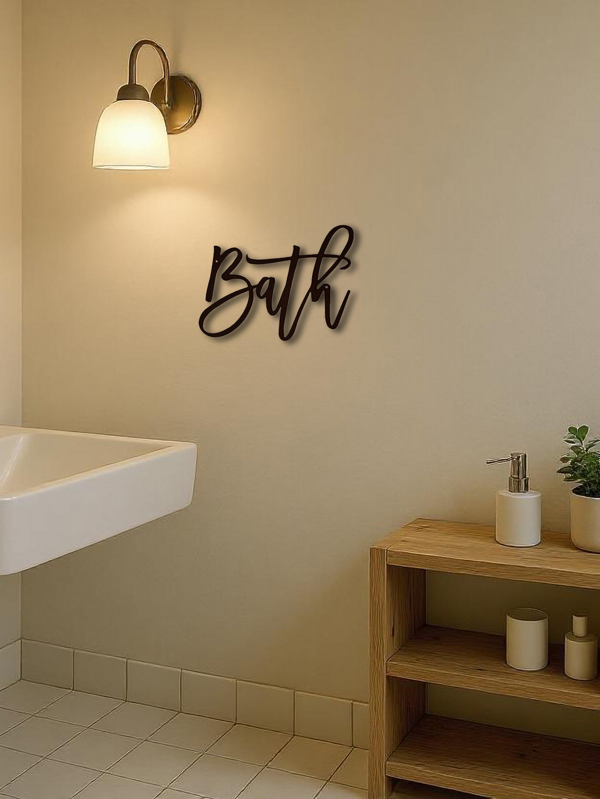 Bath Metal Word Wall Art, Black Script Letter Sign for Bathroom Decor, 11.82 x 9.26 Inches