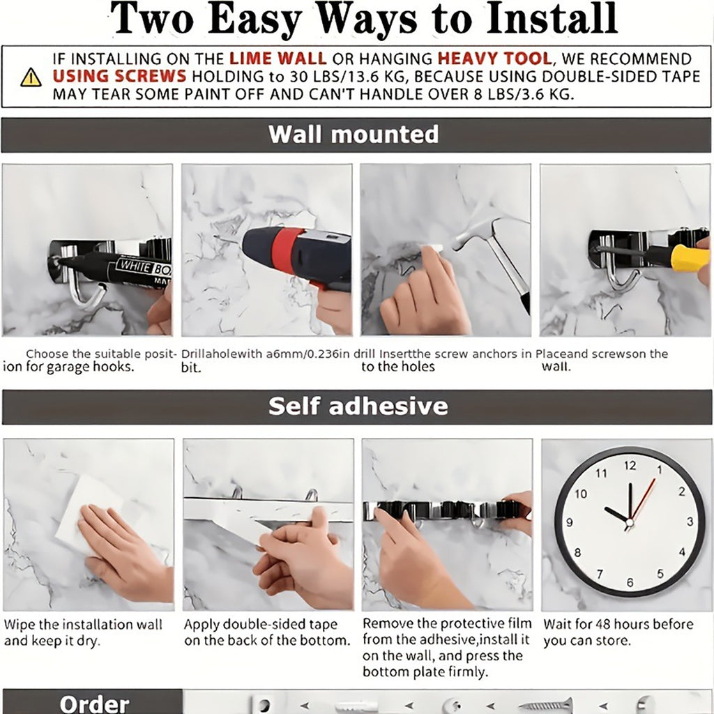 Broom and Mop Holder Wall Mount, Black Stainless Steel Garden Tool Organizer with 5 Slots and 4 Hooks, 17 in
