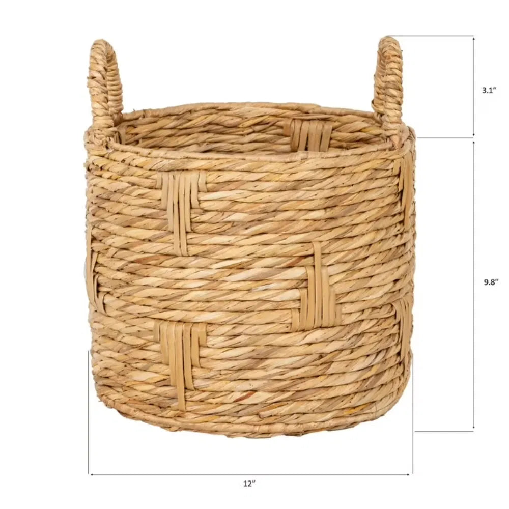 Round Bulrush Basket Planter With Handles, 12 Inch Handwoven Natural Woven Plant Basket