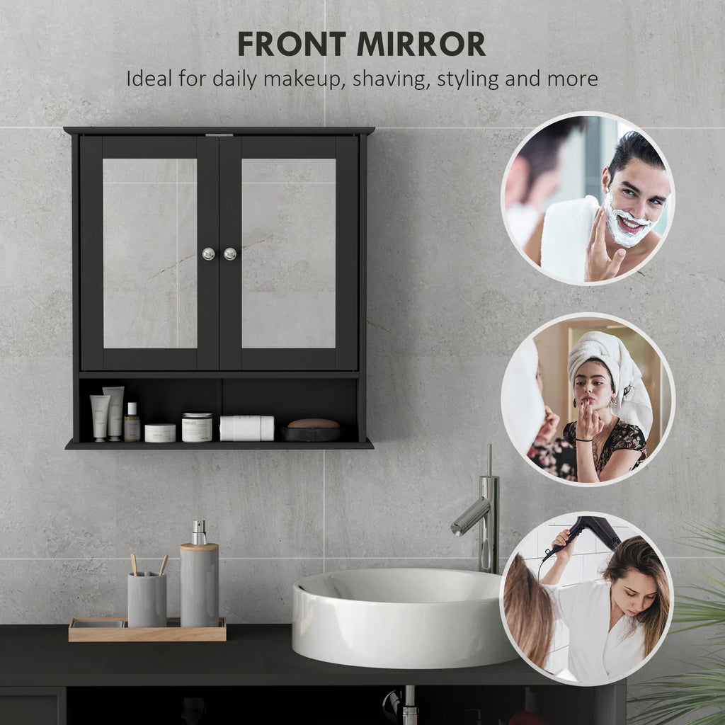 Wall-Mounted Bathroom Mirror Cabinet with Double Doors, Adjustable Shelf and Open Shelf, Black Medicine Cabinet, 22" x 22.75"