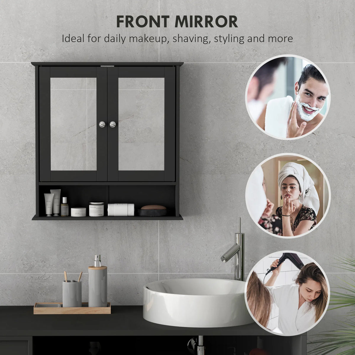 Wall-Mounted Bathroom Mirror Cabinet with Double Doors, Adjustable Shelf and Open Shelf, Black Medicine Cabinet, 22" x 22.75"