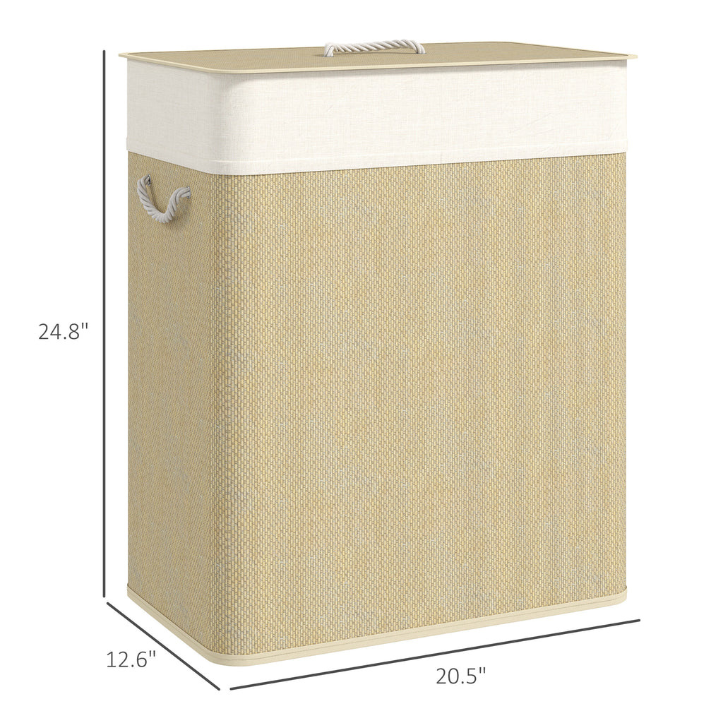Double Laundry Basket With Lid, 26.4 Gallon Bamboo Laundry Hamper With Rope Handles and Removable Liner, Natural