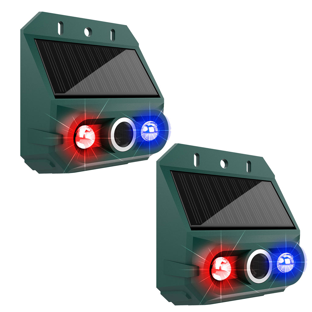 Solar Motion Sensor Animal Repeller 2 Pack, Strobe Light and 129dB Siren Outdoor Alarm for Yard, Farm, and Garden