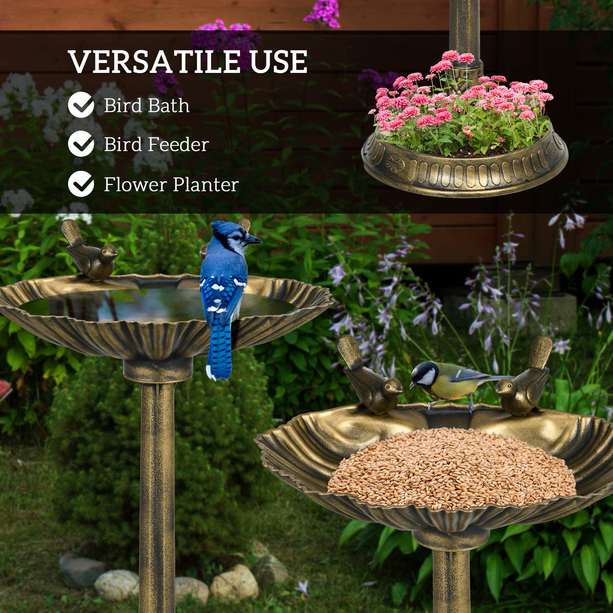32" Antique Bird Bath with Pedestal, Two Basins and Bird Statues, Bronze Garden Birdbath Feeder