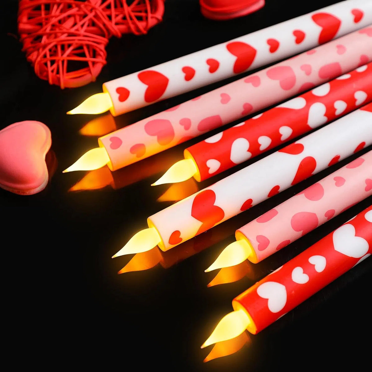 Flameless Taper Candles, Set of 6 Valentine Heart LED Candlesticks in Red, Pink and White, 10.6 Inch Battery Operated Candles