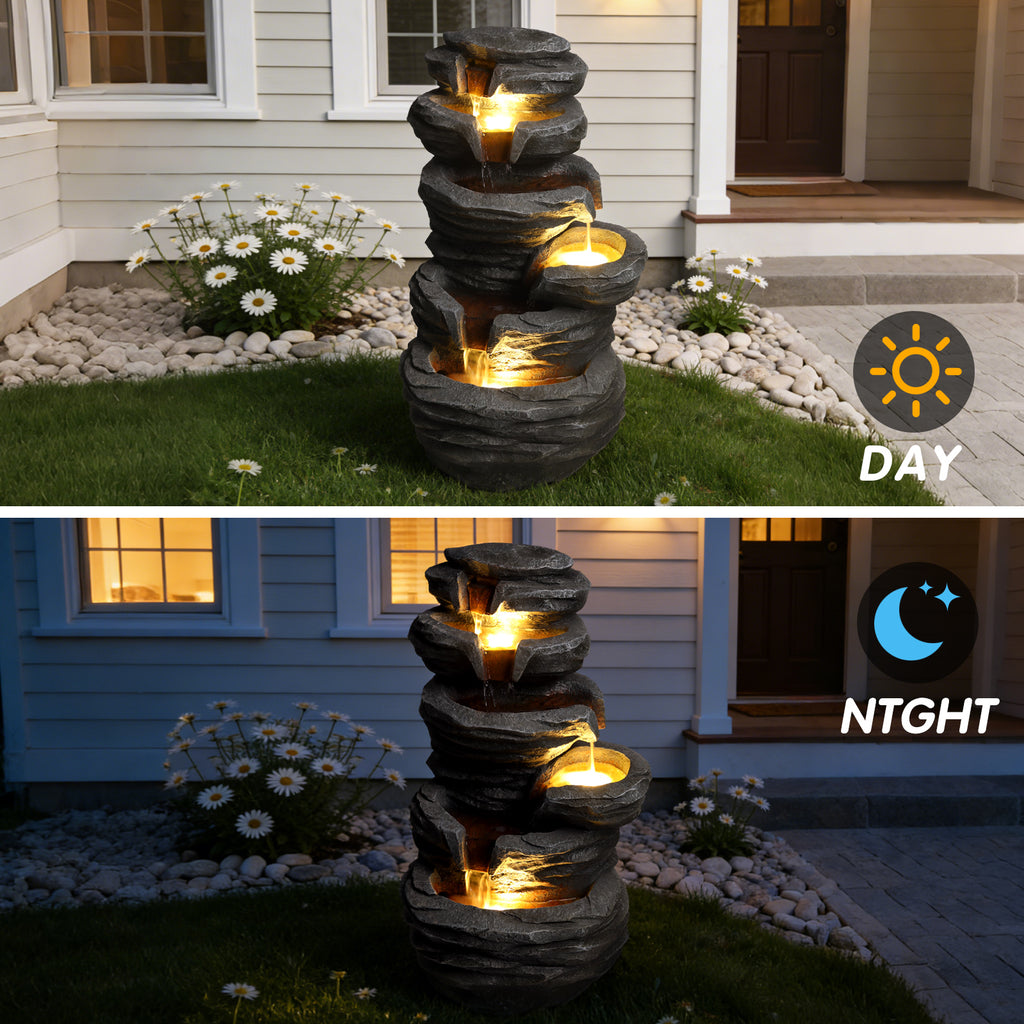 Outdoor Waterfall Fountain With LED Lights, Gray Resin Stacked Rock Cascading Water Feature, 25.6 In. Garden Decor for Patio and Porch