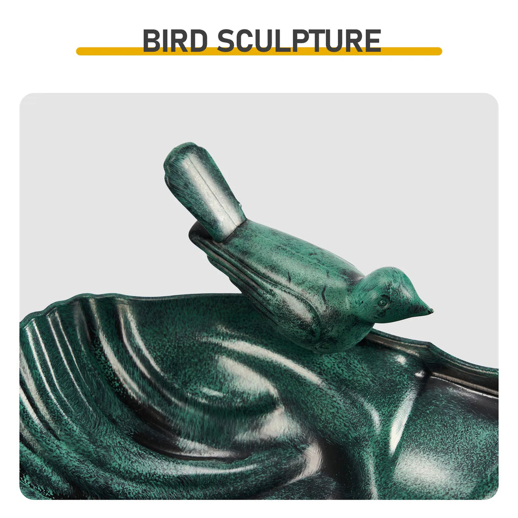 Resin Bird Bath With Solar Fountain, Dark Green Shell-Edge Basin on Pedestal, 1.4W Solar Pump, Outdoor Garden Decor