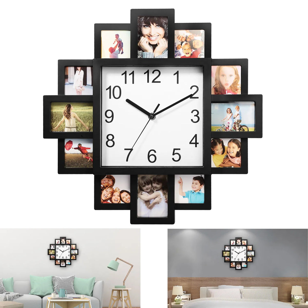 Photo Frame Wall Clock With 12 Picture Display Slots, Black ABS Collage Clock for Living Room, Bedroom, or Office, 15.35 In