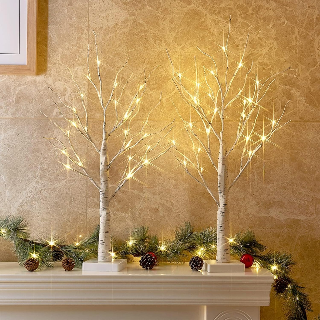 2 Ft Lighted Birch Tree With 24 Warm White LED Lights, White Battery Powered Tabletop Tree
