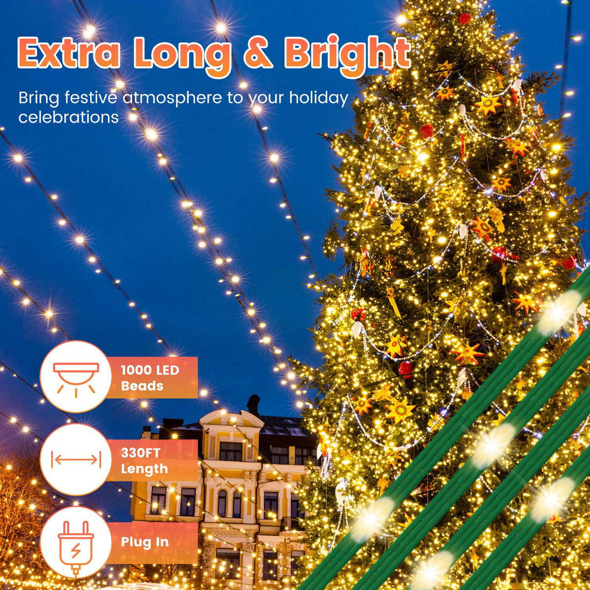 330 Ft String Lights with Remote, 1000 LED Outdoor Christmas Lights, 8 Modes, 8 Brightness Levels, Timer, Green Wire