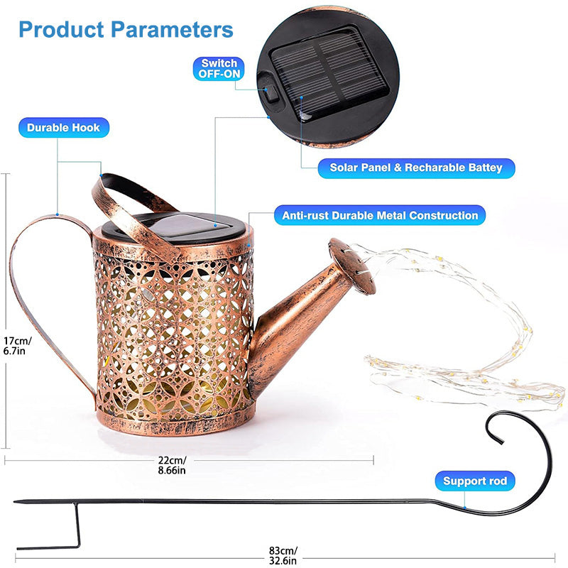 Solar Watering Can Lights With Cascading String Lights, 2 Pack Metal Garden Stake Lanterns