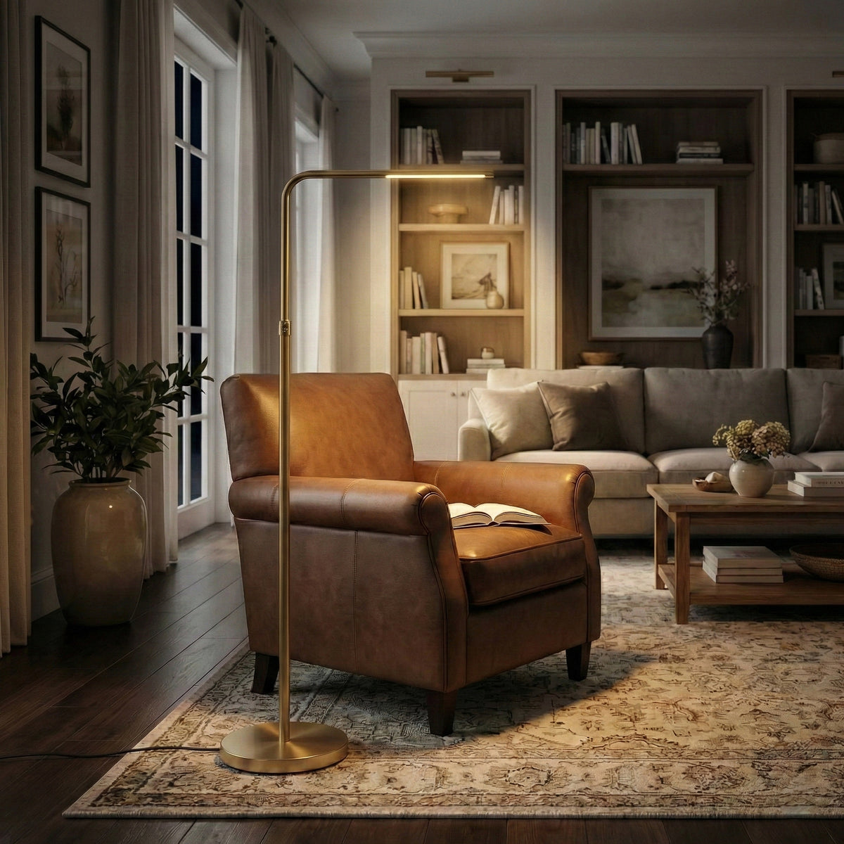 LED Floor Lamp With Adjustable Height, Brass Gold Metal Reading Lamp With On/Off Switch, 63 in.